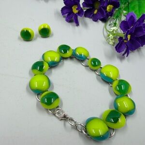 Handmade Green & Yellow Vintage Glass Bead Bracelet with Matching Earrings
